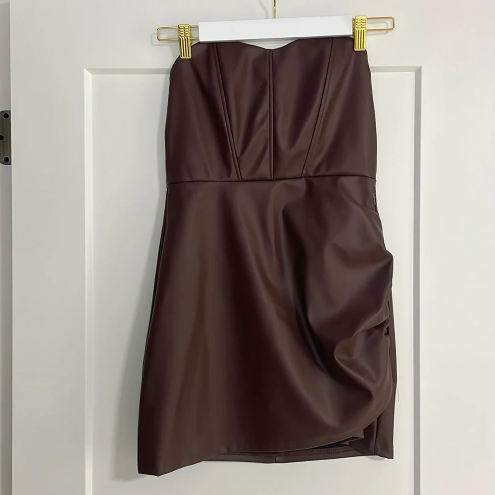 NWT Brown pu leather mini fitted dress ruched side high waisted bone corset XS/S - Picture 8 of 12